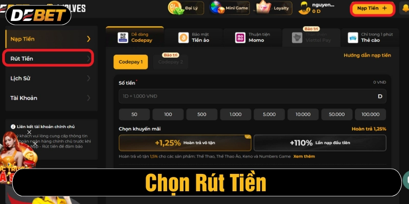 Chọn yêu cầu rút tiền về tài khoản