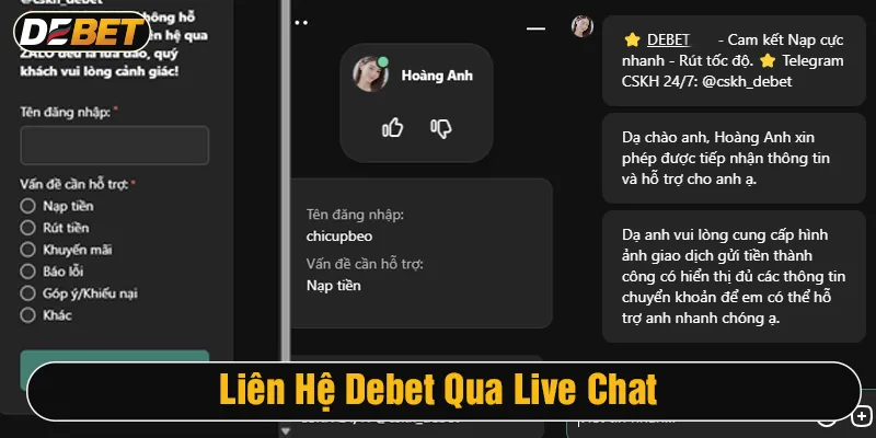 liên hệ debet qua livechat